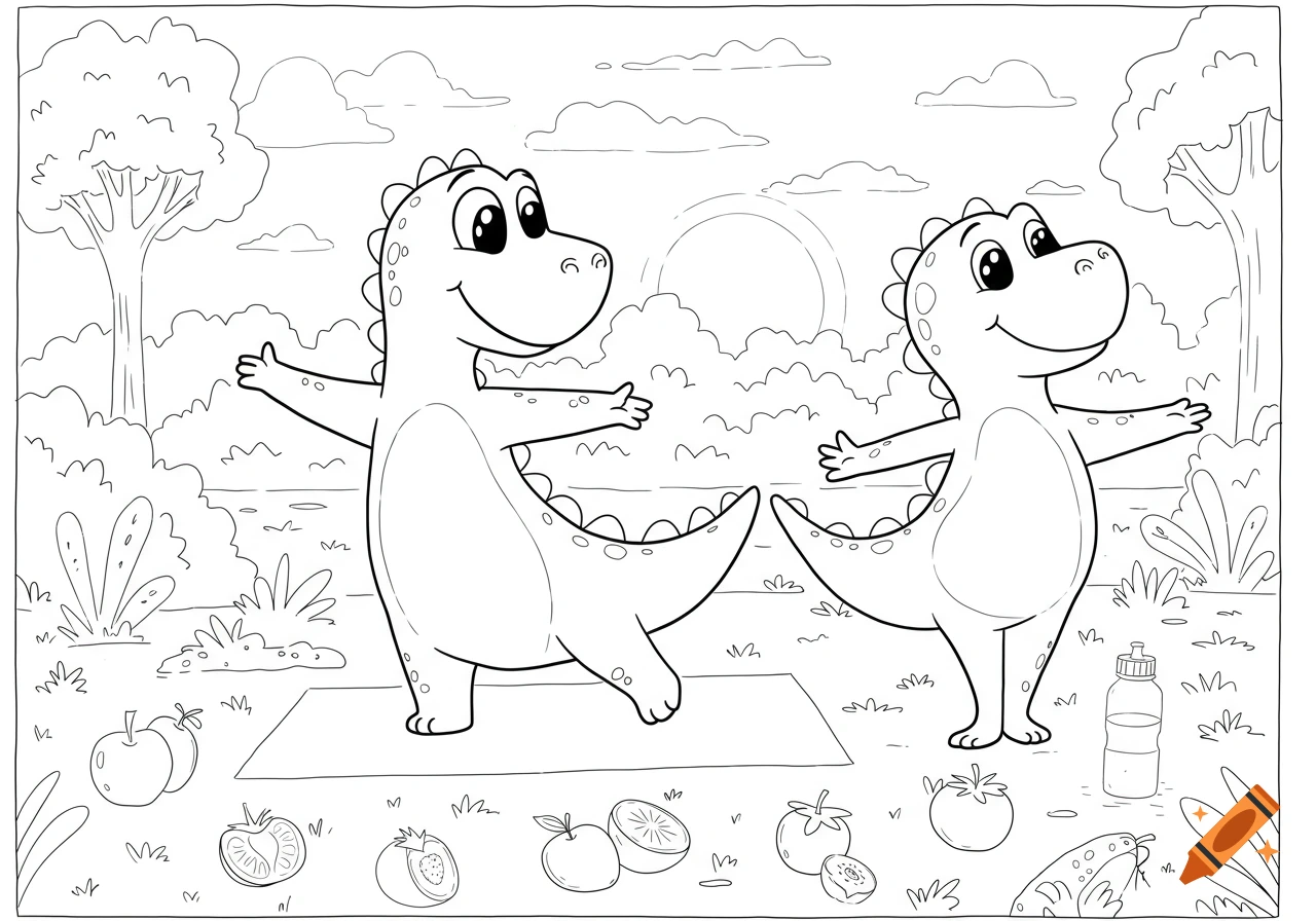 Two cartoon dinosaurs doing yoga outdoors in a park, depicted in a black and white line art coloring page style.