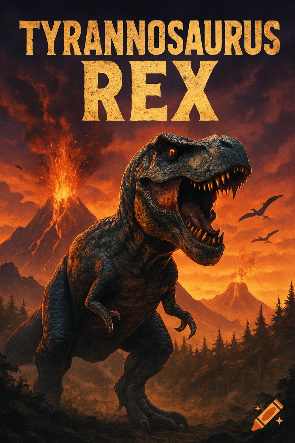 A dramatic movie poster showing a large Tyrannosaurus Rex roaring in a prehistoric landscape with erupting volcanoes and dark skies. The title 'TYRANNOSAURUS REX' is at the top.