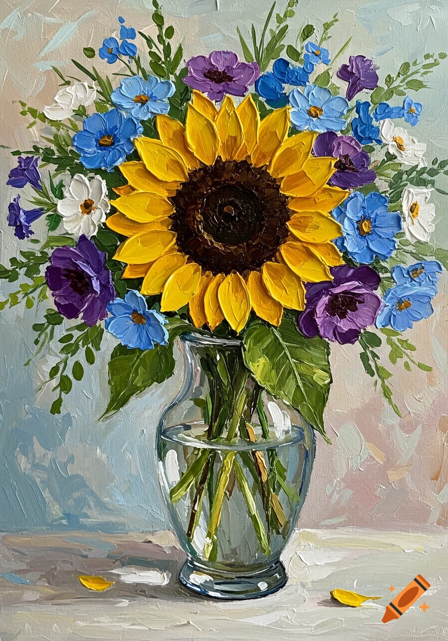 Acrylic painting of a vibrant sunflower in a glass vase, surrounded by blue, purple, and white flowers, with green leaves and thick brushstrokes.