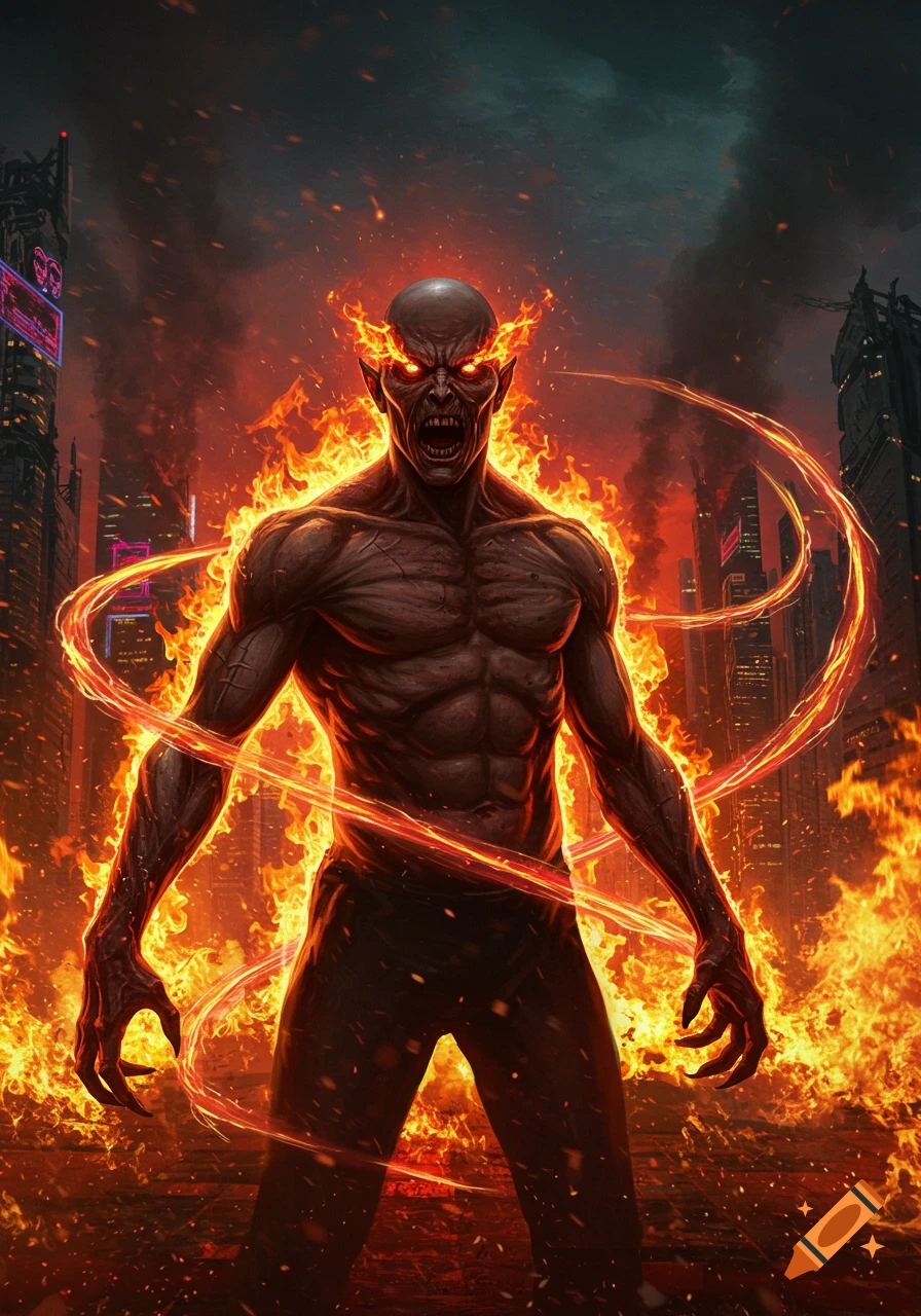 A bald, muscular demon with glowing eyes and pointed ears, engulfed in flames, stands in a fiery, smoke-filled city at night in a digital art style.