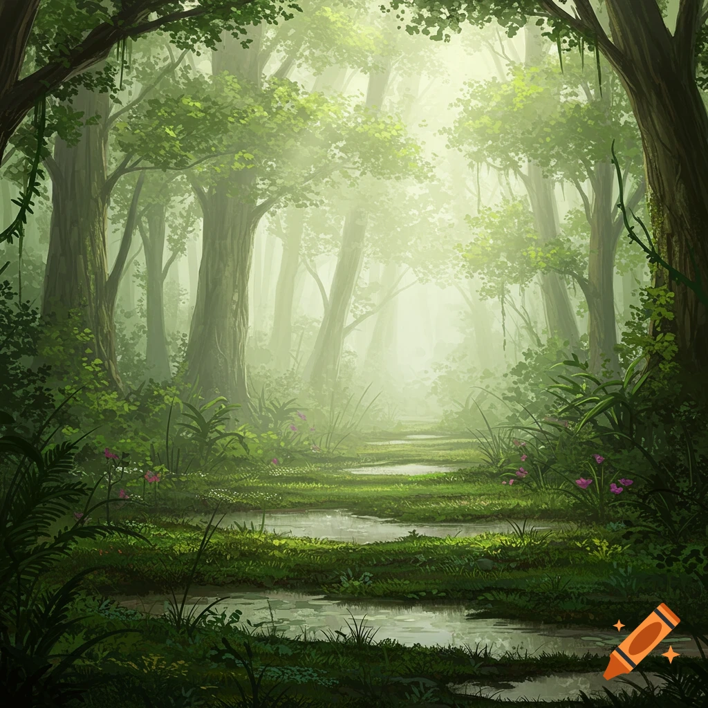 A misty, lush green forest with a path winding through trees and puddles, in a digital painting style.