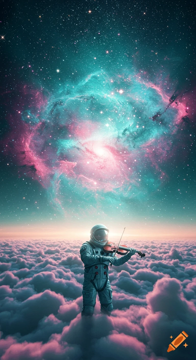 A surreal, photorealistic image of an astronaut playing a violin while standing on pink and purple clouds under a starry, vibrant nebula sky.