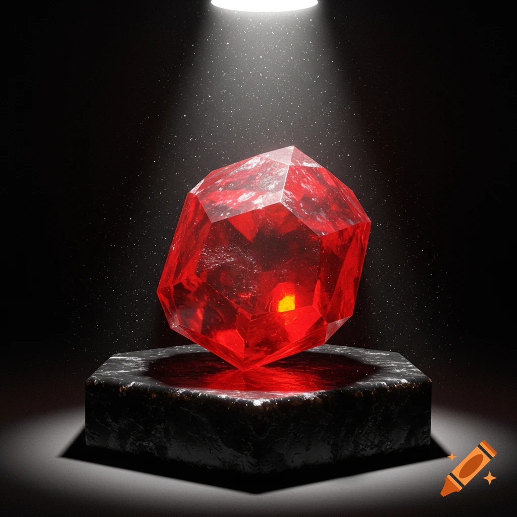 A vibrant red ruby crystal sits on a dark, textured pedestal, illuminated by a dramatic spotlight from above.