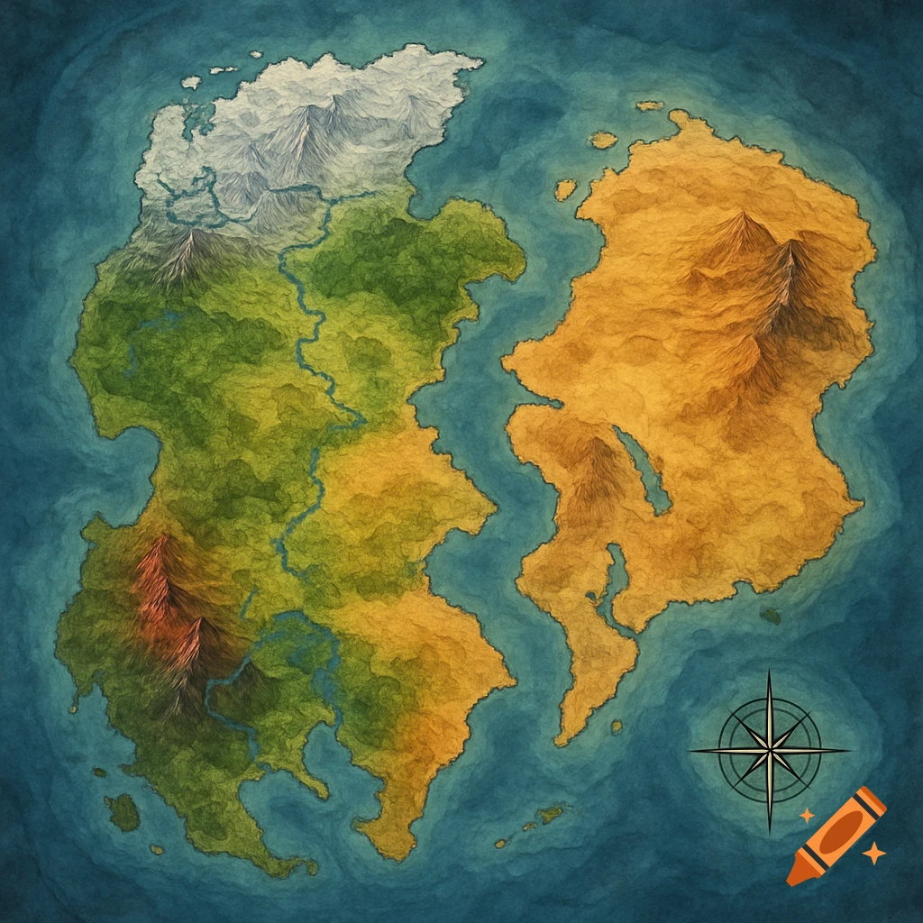 A top-down view of a colorful fantasy world map with multiple continents, oceans, mountains, rivers, and varied biomes like snow, forests, and deserts. Includes a compass rose.