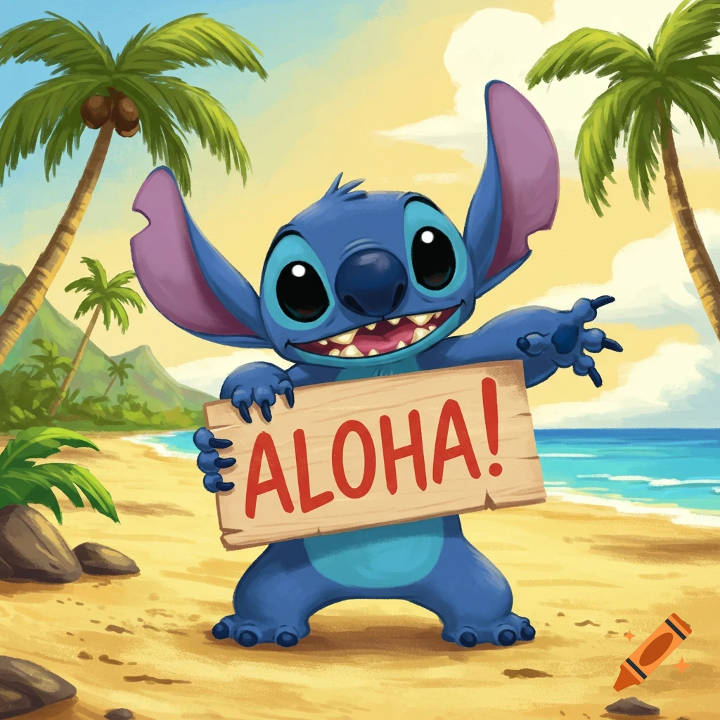 Stitch, the blue alien, stands on a sandy beach holding a wooden sign that says 'ALOHA!' with palm trees and ocean in the background, in a cartoon style.