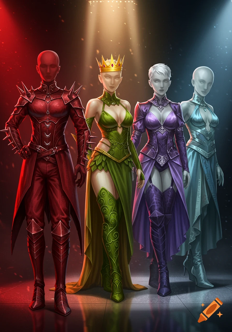 Four stylized female figures in fantasy outfits with blank faces, each in a different color scheme: red, green, purple, and light blue.