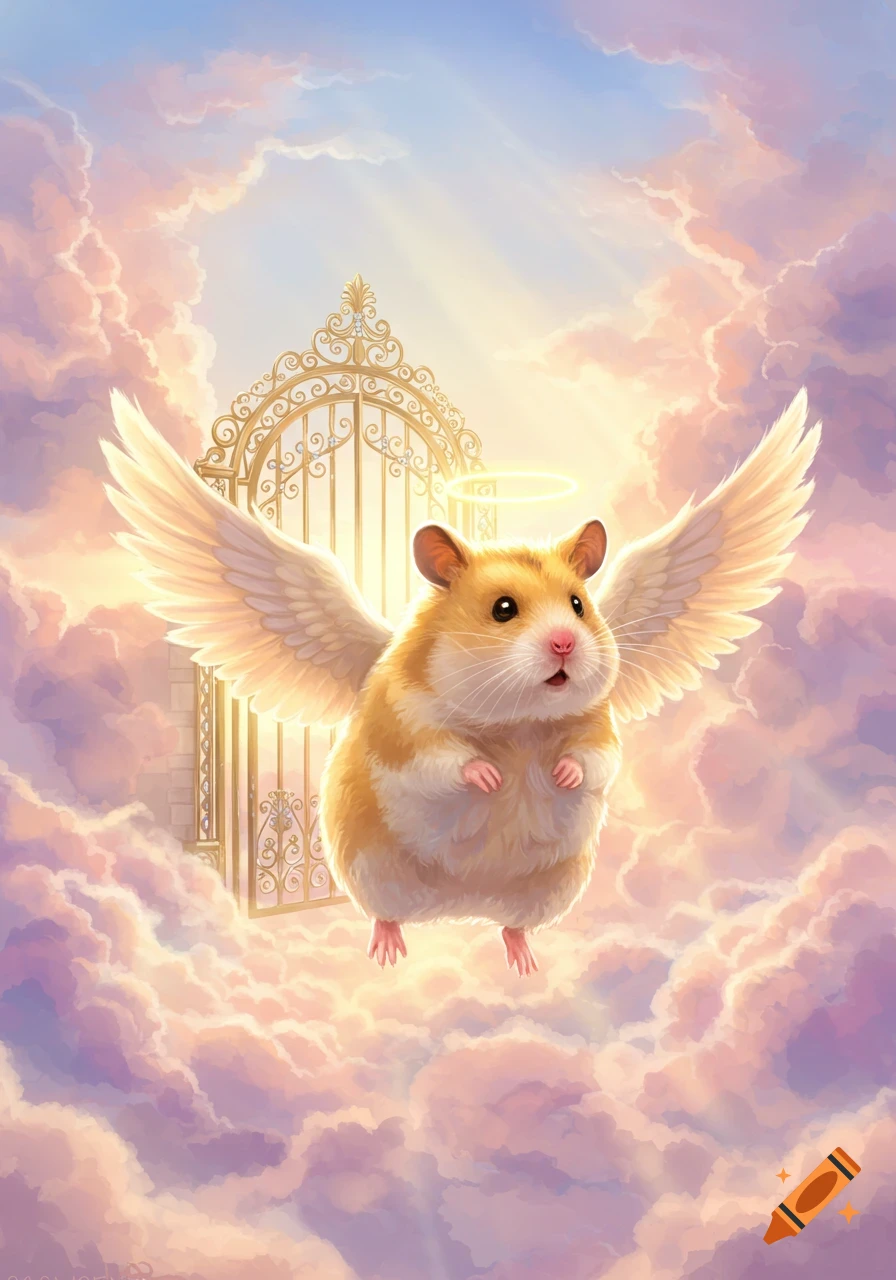 A cute golden angel hamster with a halo and wings levitates in pastel clouds near golden gates to heaven, in a whimsical illustration.