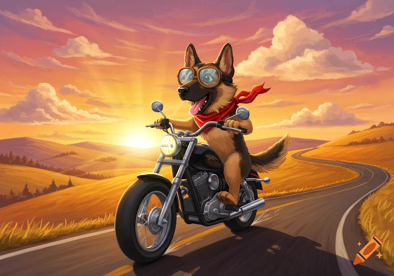 A happy cartoon German Shepherd dog with goggles and a red scarf rides a black motorcycle on a winding road through orange hills at sunset.