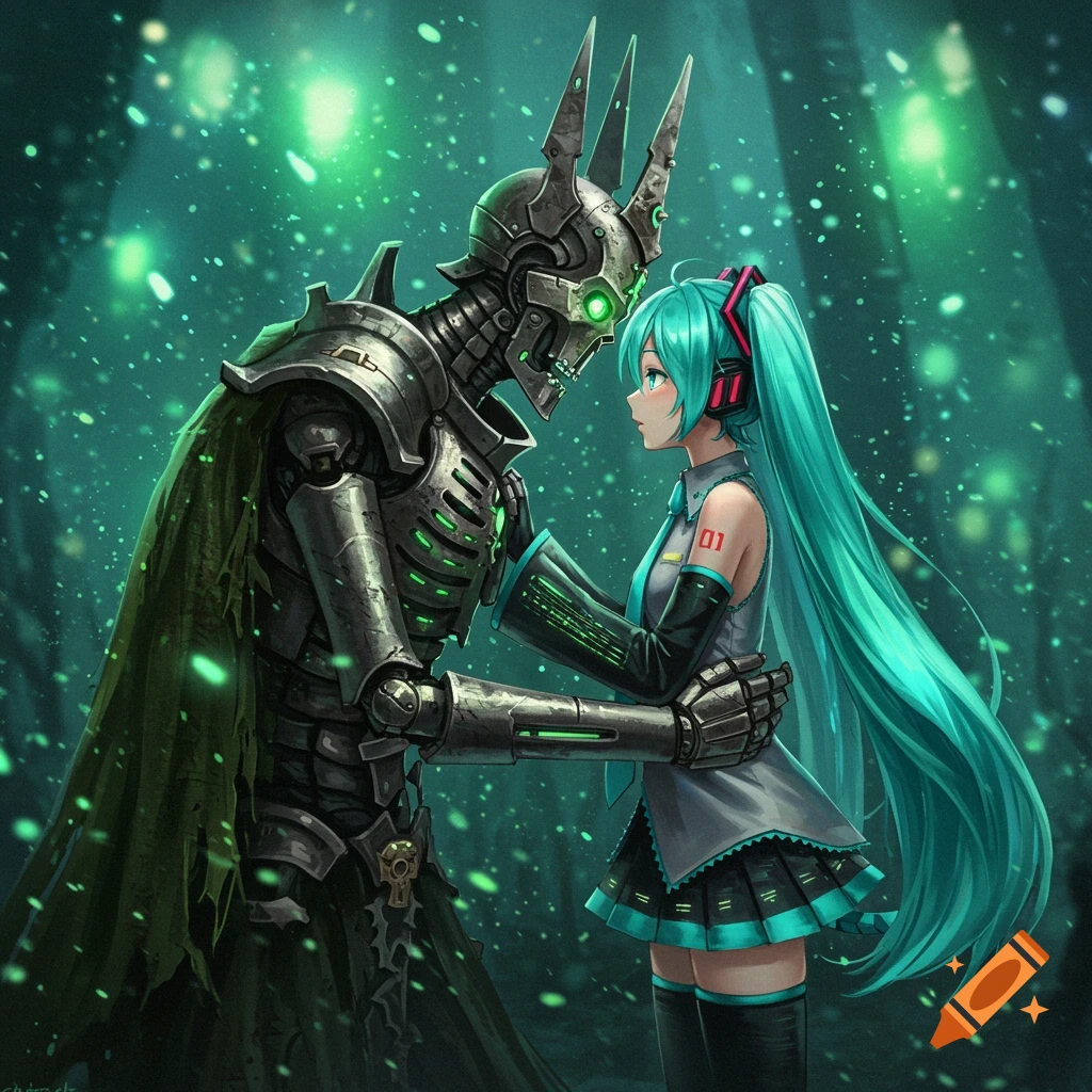 An anime girl with long turquoise hair and headphones embraces a towering metallic robot with glowing green eyes and armor in a dark, glowing green forest.