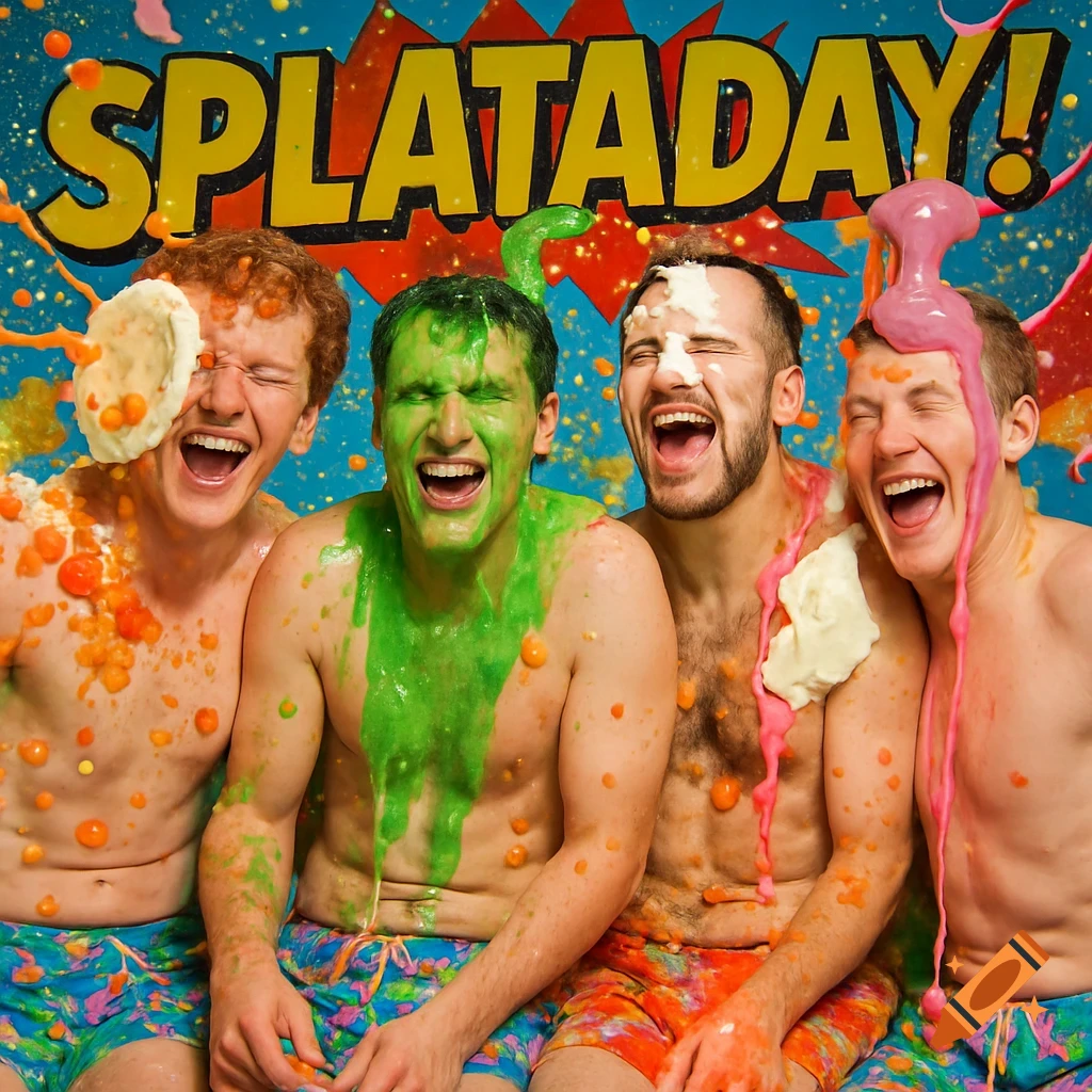 Four grinning shirtless men in colorful trunks covered in slime and foam for a messy game show called 'SPLATADAY!'