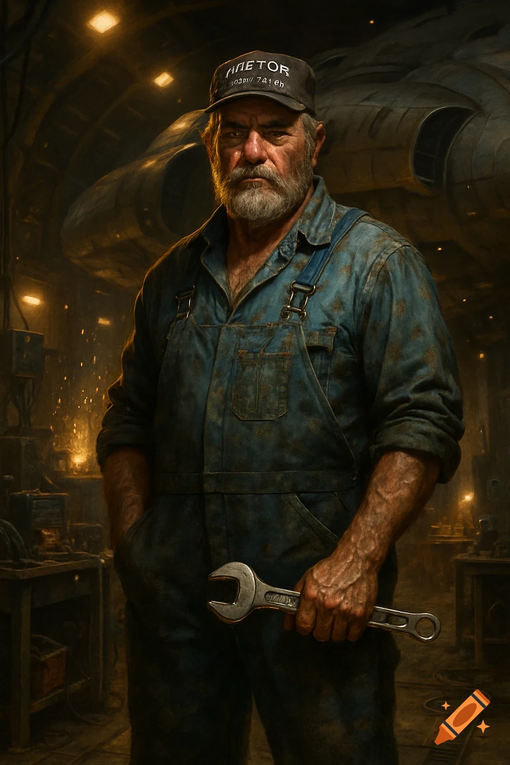 A rugged, bearded man in blue overalls and a cap holds a wrench in an industrial, dimly lit workshop with glowing machinery in the background.