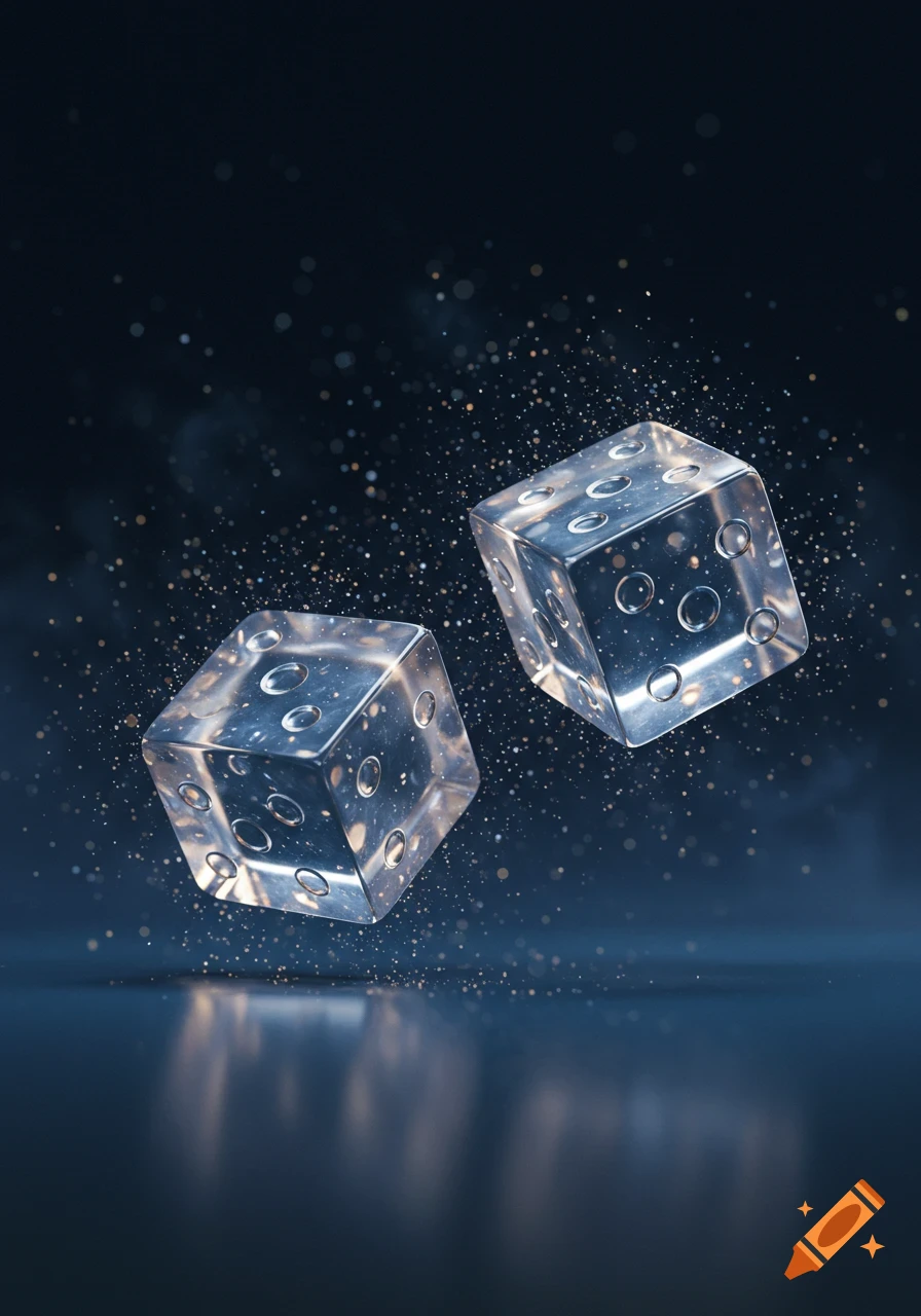 Two clear dice with pips float amidst sparkling particles on a dark, reflective surface.