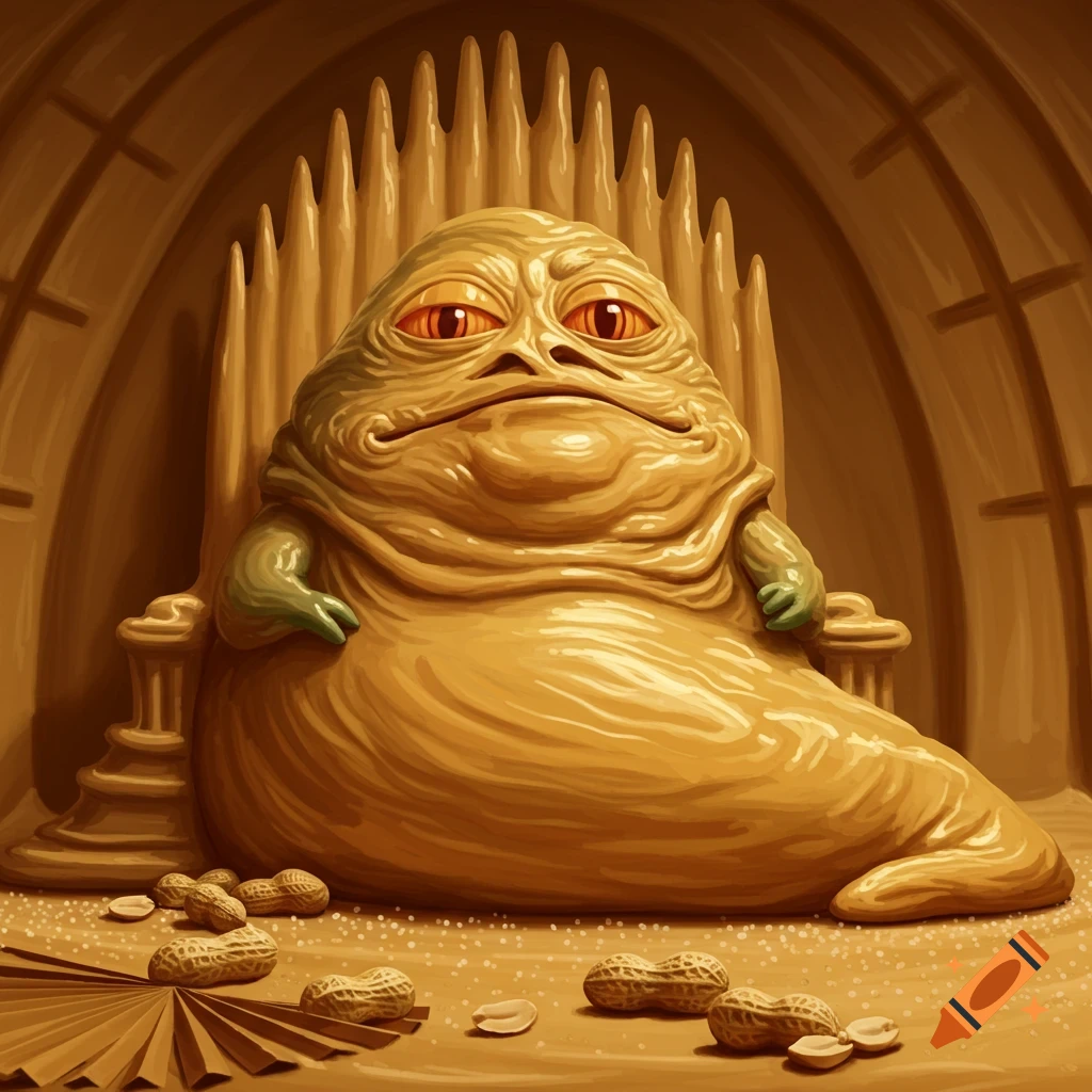 Jabba the Hutt made of peanut butter on a throne, surrounded by peanuts.