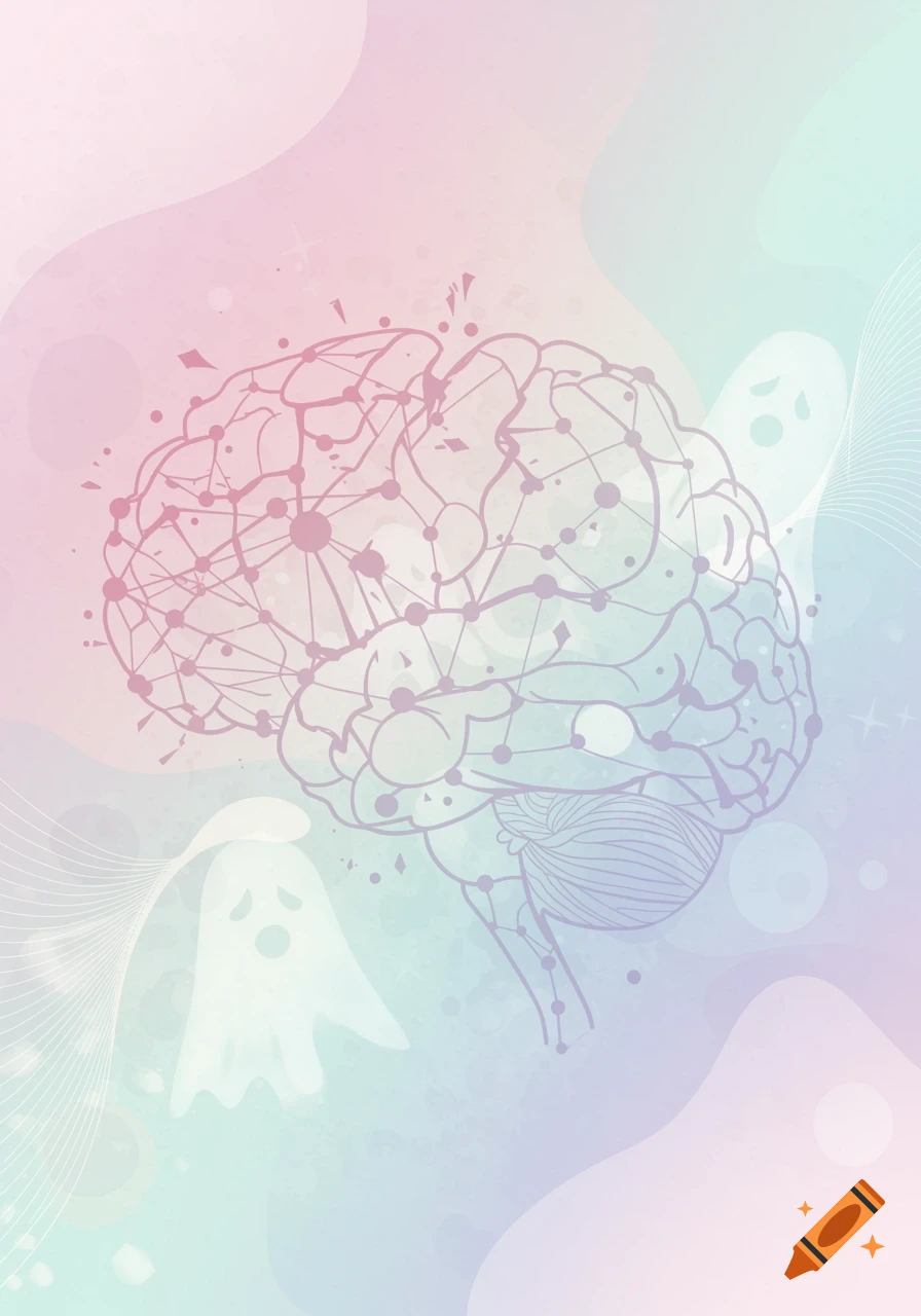 Abstract illustration of a human brain with neural network patterns and ghostly figures on a pastel background.