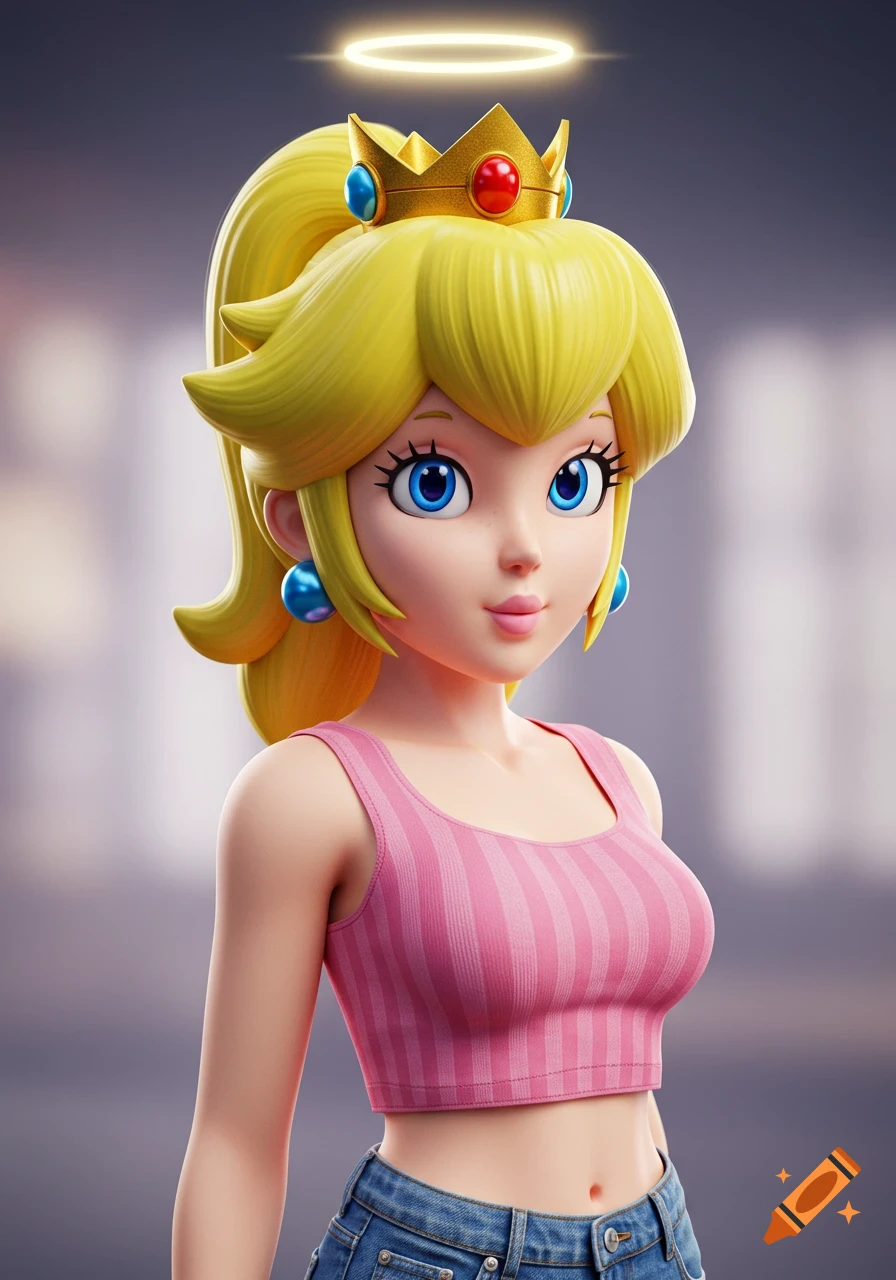 3D render of Princess Peach wearing a crown, a halo, a pink striped crop top, and jeans.