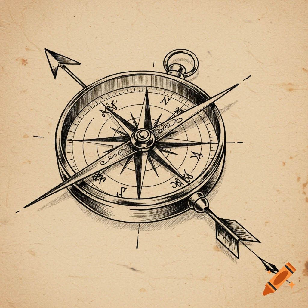 Detailed vintage ink drawing of a compass with a prominent north arrow on textured paper.