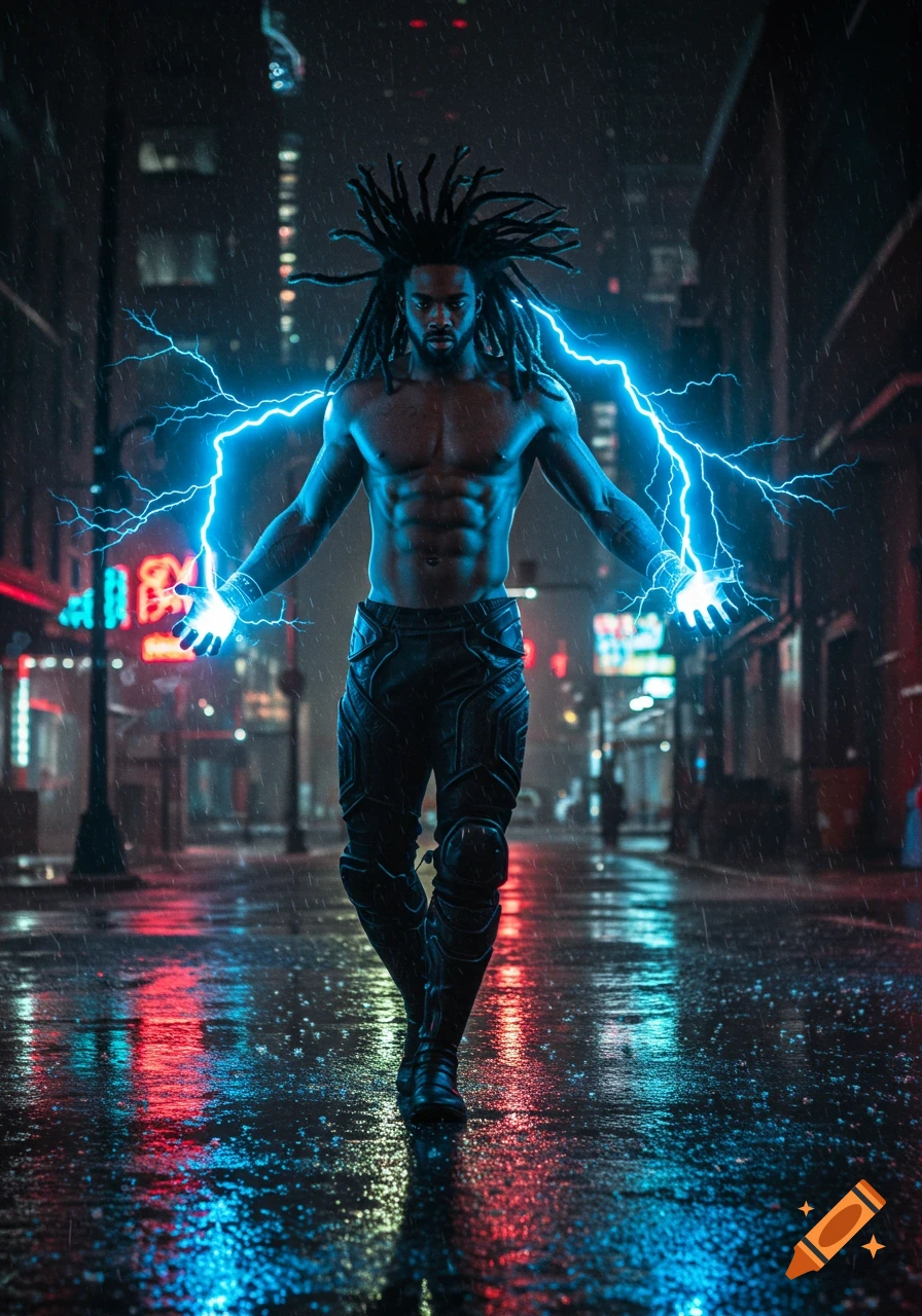 A Black man with dreadlocks, shirtless, creates blue lightning on a rainy city street at night with neon reflections.