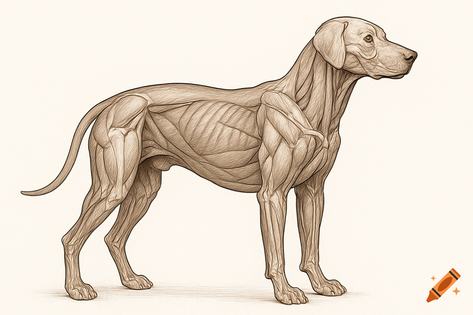 Detailed anatomical drawing of a male dog, showcasing its intricate muscle structure.