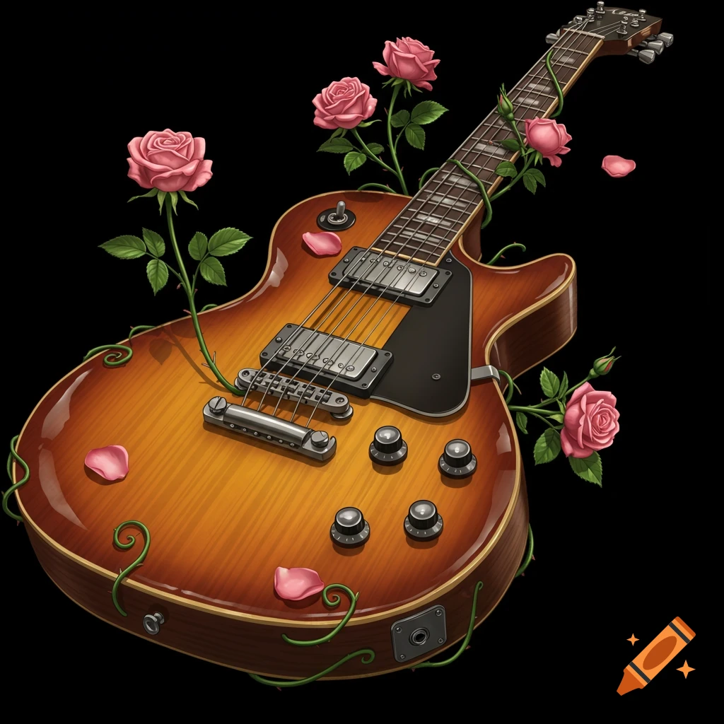 An electric guitar with a sunburst finish is adorned with pink roses and green vines on a black background.