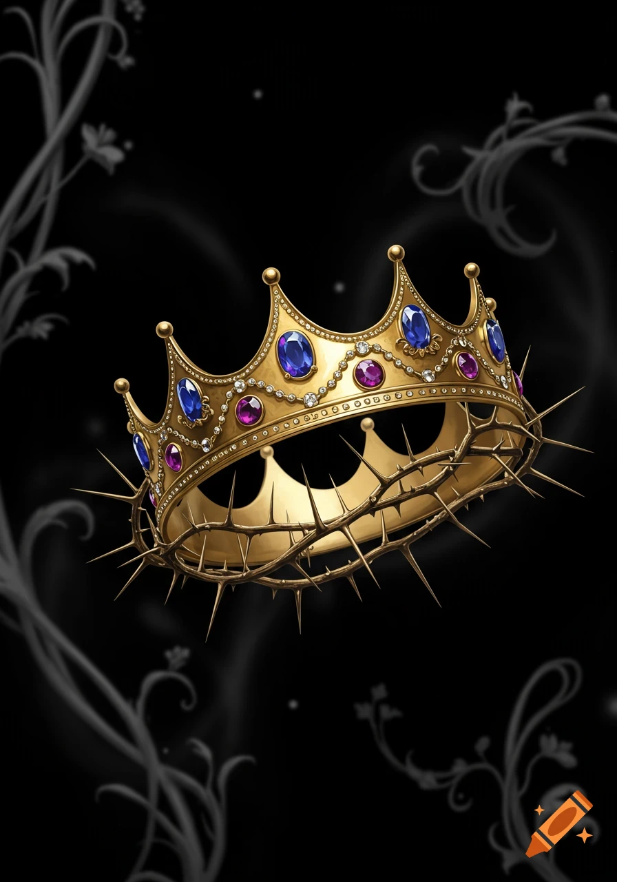 A detailed golden king's crown adorned with blue and purple jewels, featuring a golden crown of thorns base, floating against a dark background with subtle grey floral patterns.