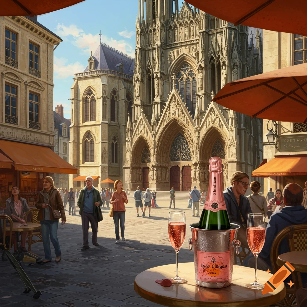 A busy Parisian street scene with a grand Gothic cathedral in the background and a bottle of pink champagne on a table in the foreground.
