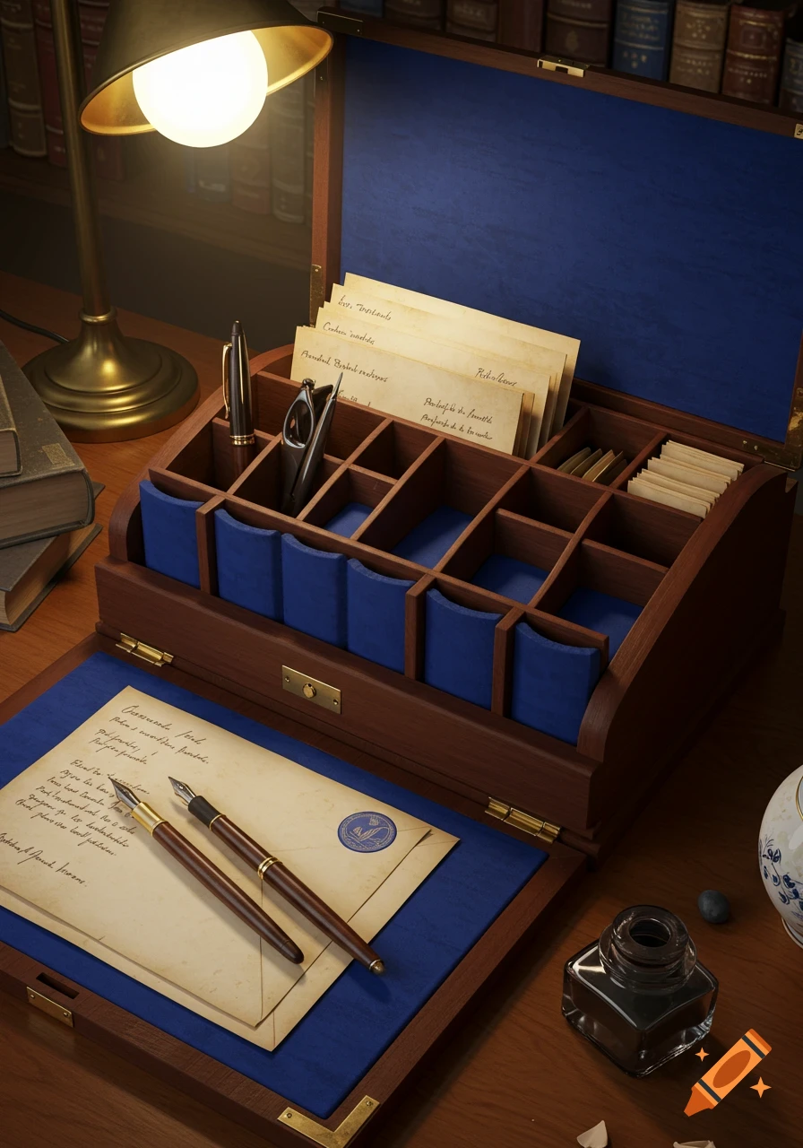 A photorealistic image of an open wooden stationary organizer with blue velvet lining on a desk, next to an inkwell, pens, and paper under a warm lamp.