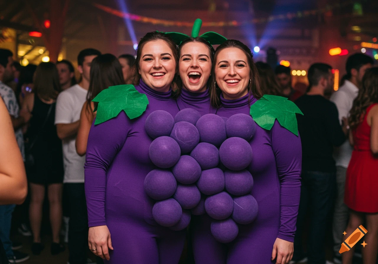 Three smiling women in a large purple grape costume with green leaves on their shoulders, posing at a party.