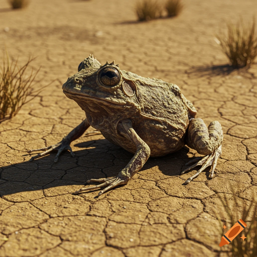 A photorealistic dried-up frog sits on cracked, dry earth with sparse vegetation in the background.