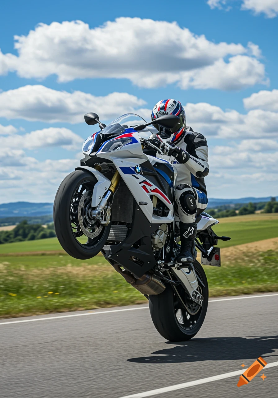 Photorealistic image of a white BMW S1000RR motorcycle performing a wheelie on a road under a blue sky with clouds.