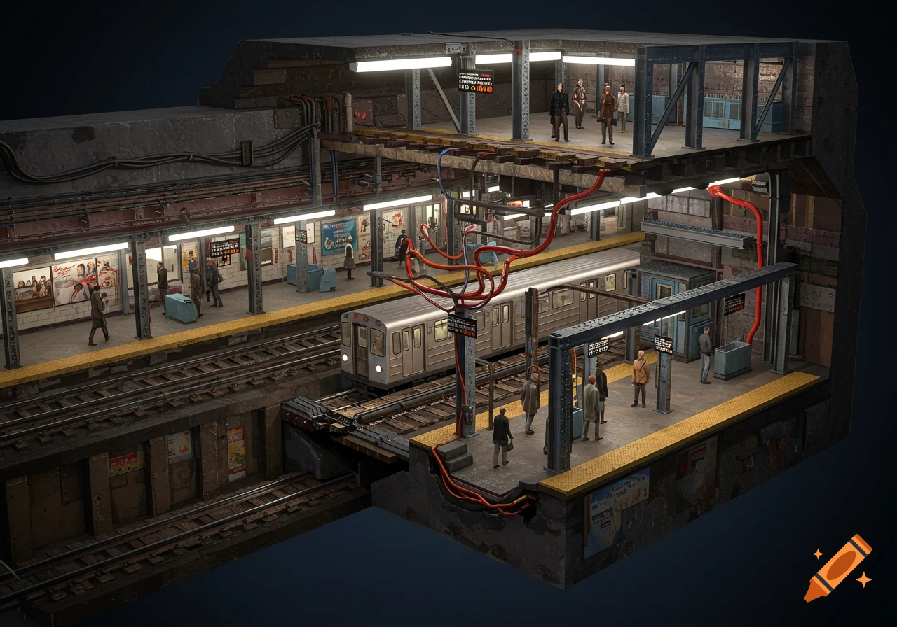 An isometric cross-section view of a bustling underground NYC subway station, showing two levels with trains, tracks, platforms, and people.