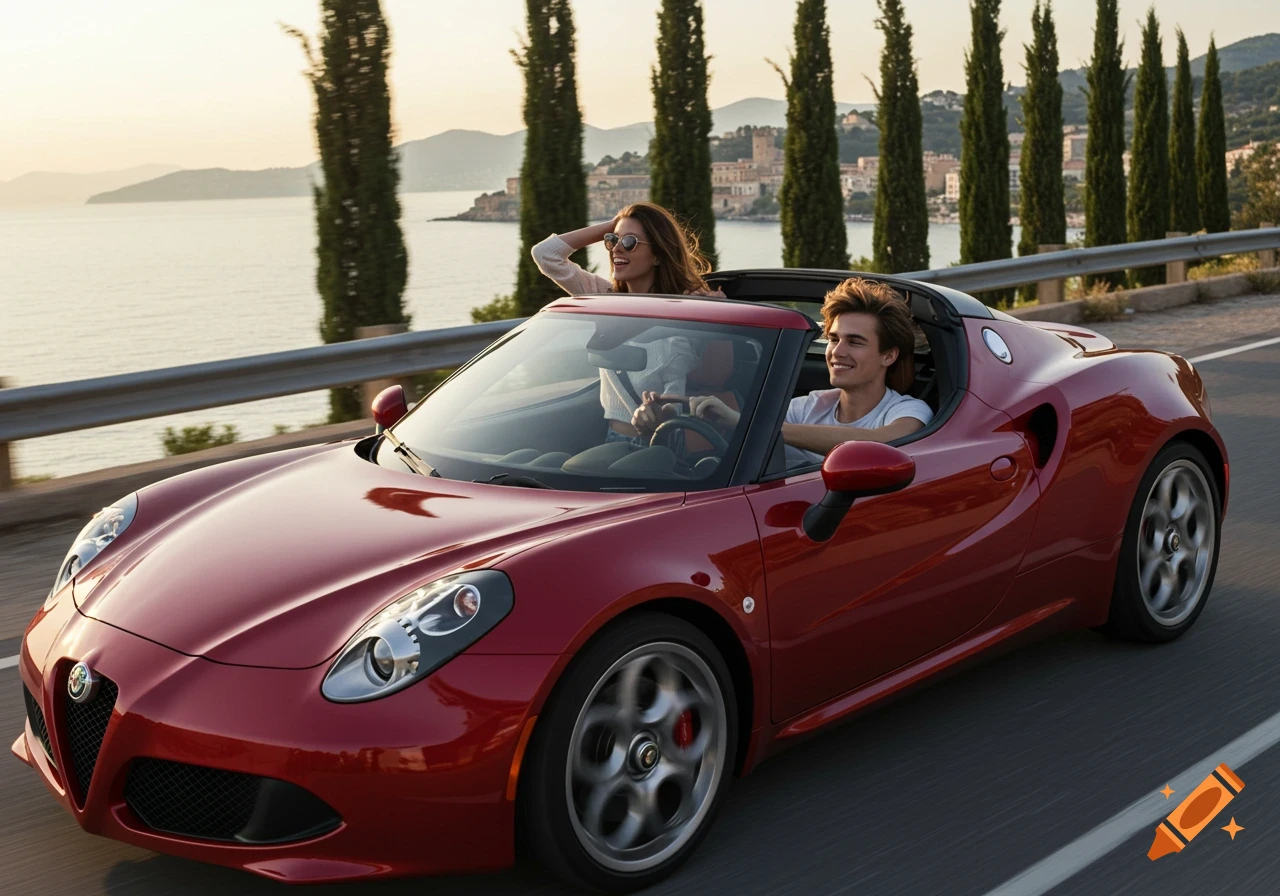 A red Alfa Romeo 4C convertible with two smiling people driving on a coastal road overlooking the sea at sunset.