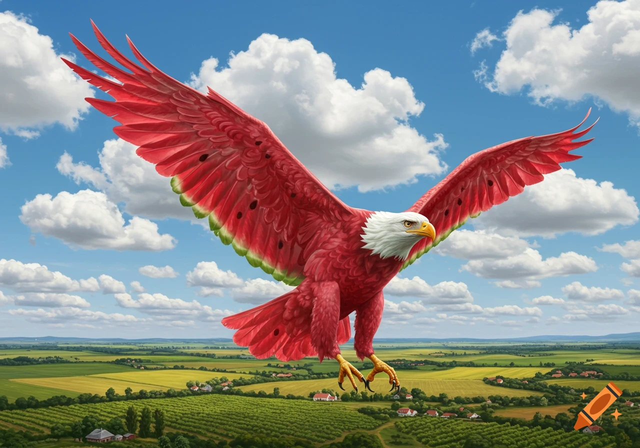 A majestic red eagle, with wings patterned like a watermelon, flies high above a lush green landscape with fields and houses under a partly cloudy blue sky.