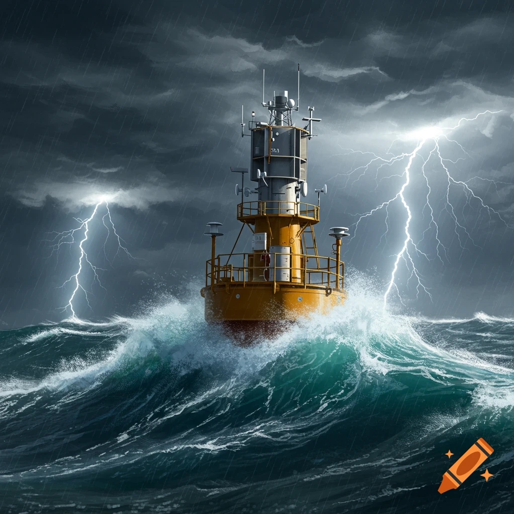 A photorealistic image of a yellow science buoy in a stormy ocean with large waves and multiple lightning strikes.