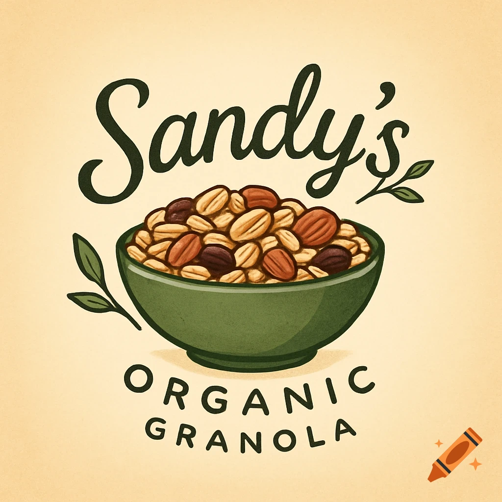 A logo for Sandy's Organic Granola, featuring a green bowl filled with oats and nuts, with the text 'Sandy's' above and 'ORGANIC GRANOLA' below, on a cream background.