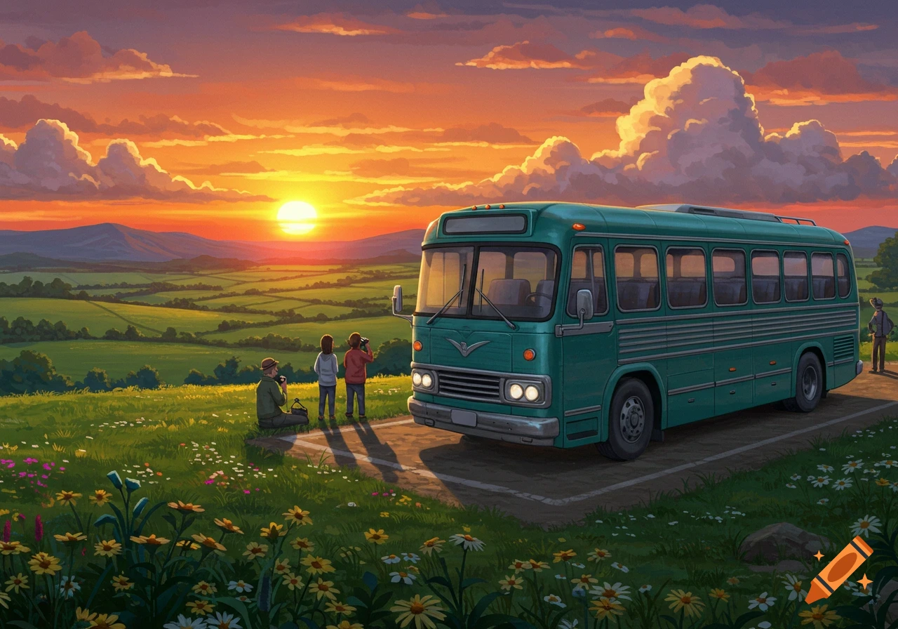 A teal tour bus parked in a grassy field with wildflowers. Three people watch a vibrant sunset over rolling green hills. Illustrated.