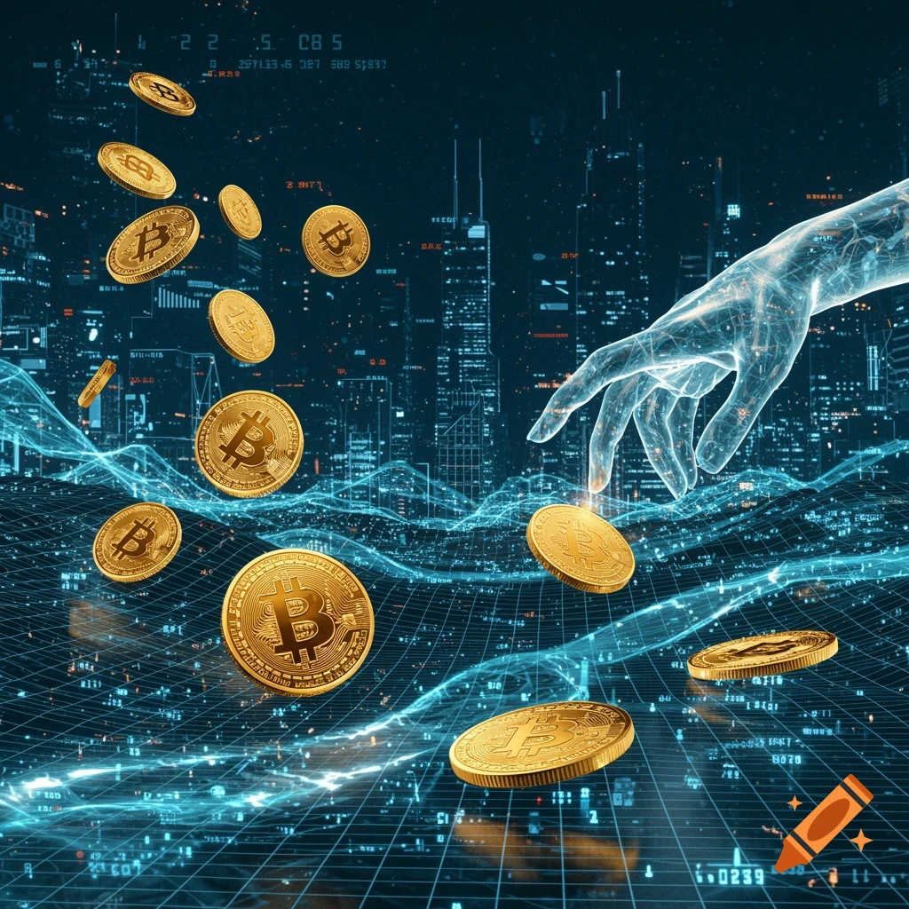 A digital hand reaches for floating gold Bitcoin coins above a futuristic cityscape with a glowing blue data grid.