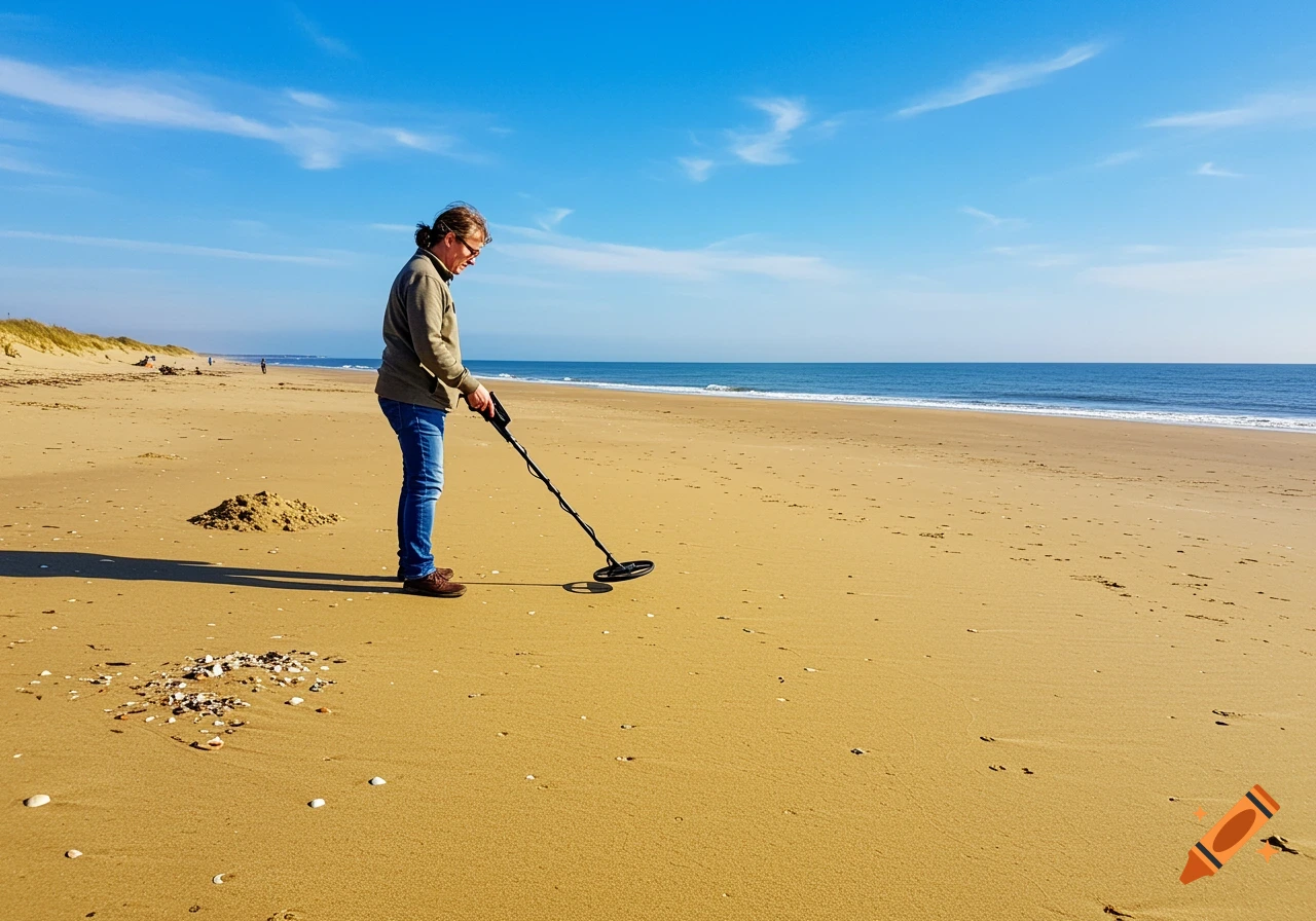 A person uses a metal detector on a wide sandy beach under a clear blue sky.