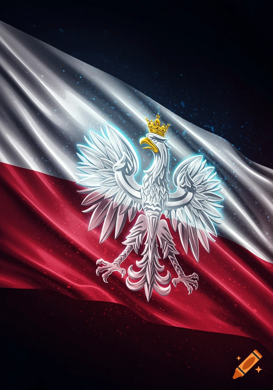 A vibrant, stylized depiction of the Polish flag with a glowing white eagle in a gold crown centered on a waving red and white fabric.