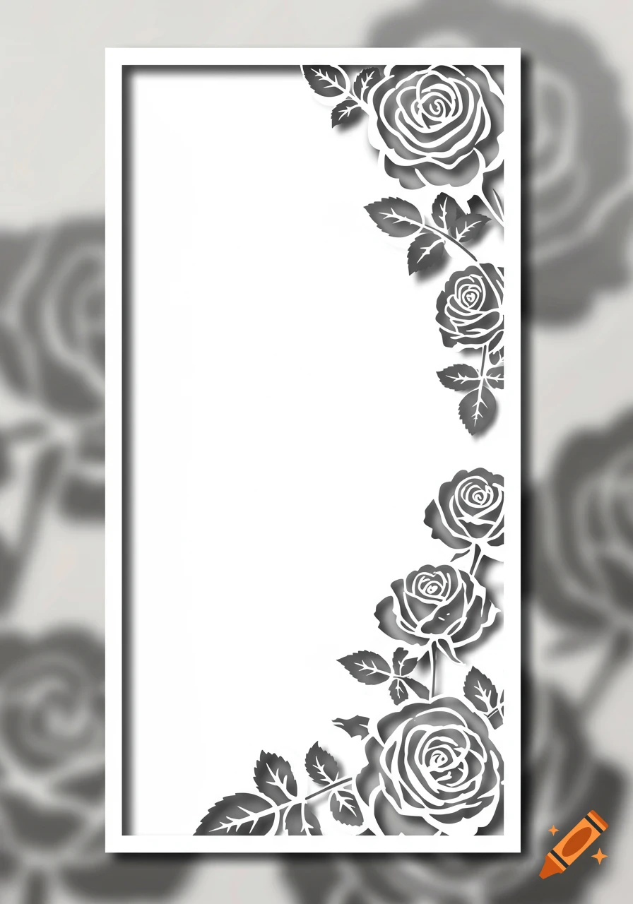 A white vertical rectangle frame featuring cutout-style white roses and leaves with shadows along its right and bottom edges. Blurred rose patterns are in the background.