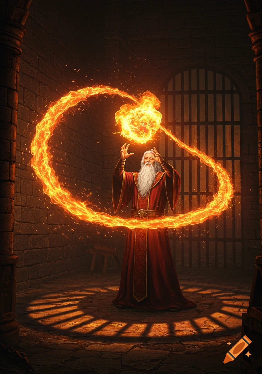 A powerful wizard in a red robe casts a large, swirling fireball spell inside a dark, stone prison cell with barred windows.