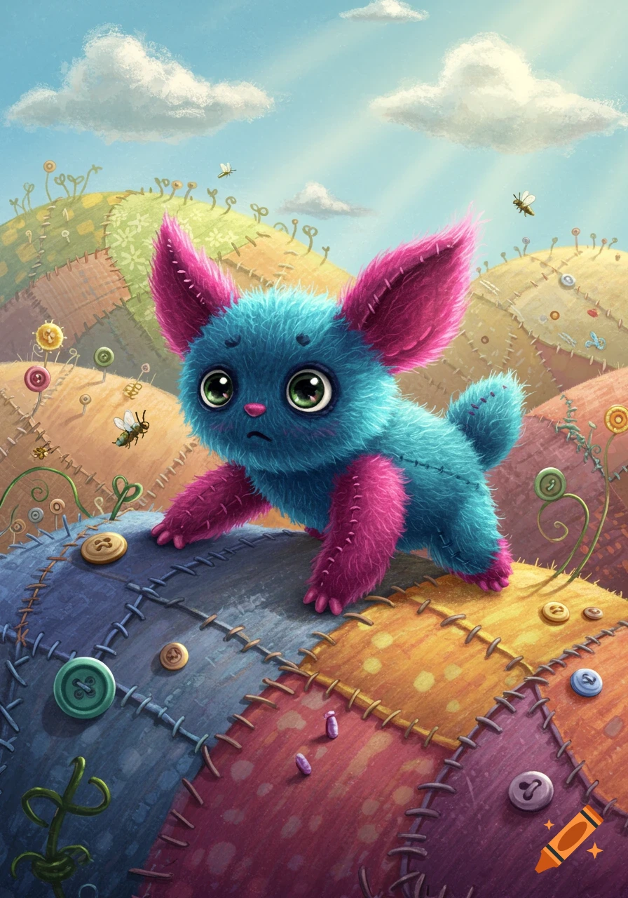 A cute, fluffy blue and pink creature with big eyes stands on a colorful patchwork hill under a blue sky.