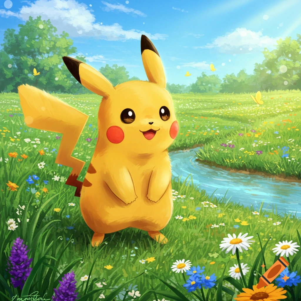 Pikachu stands smiling in a vibrant green meadow with colorful wildflowers and a stream under a blue sky, illustration.