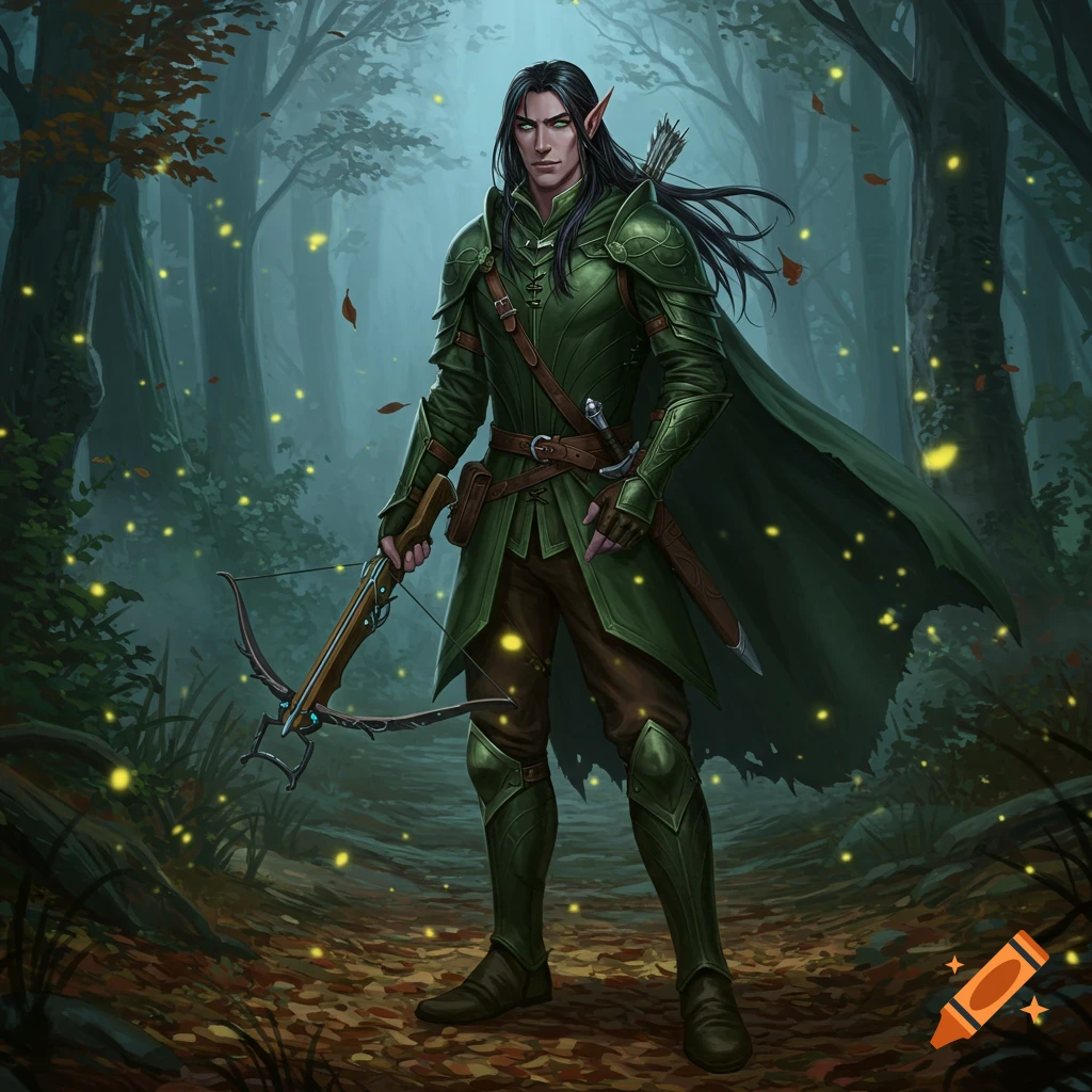 A male elf with long black hair and green eyes, dressed in green armor, stands in a magical forest holding a crossbow.