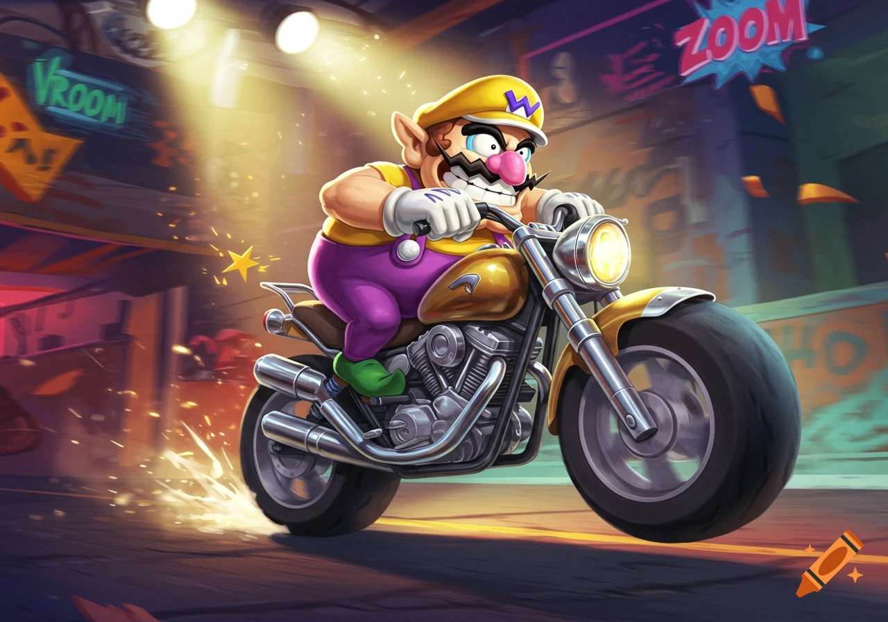 Wario rides a gold motorcycle down a city street, with 'VROOM' and 'ZOOM' signs in the background, in a dynamic cartoon style.