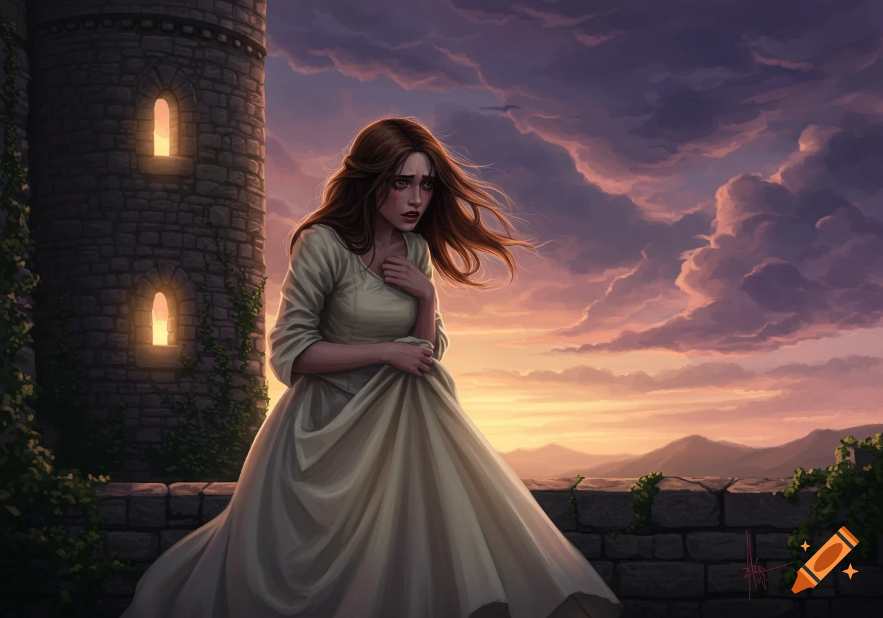 Digital painting of a distressed woman in a long dress on a castle wall at sunset, with mountains in the background.