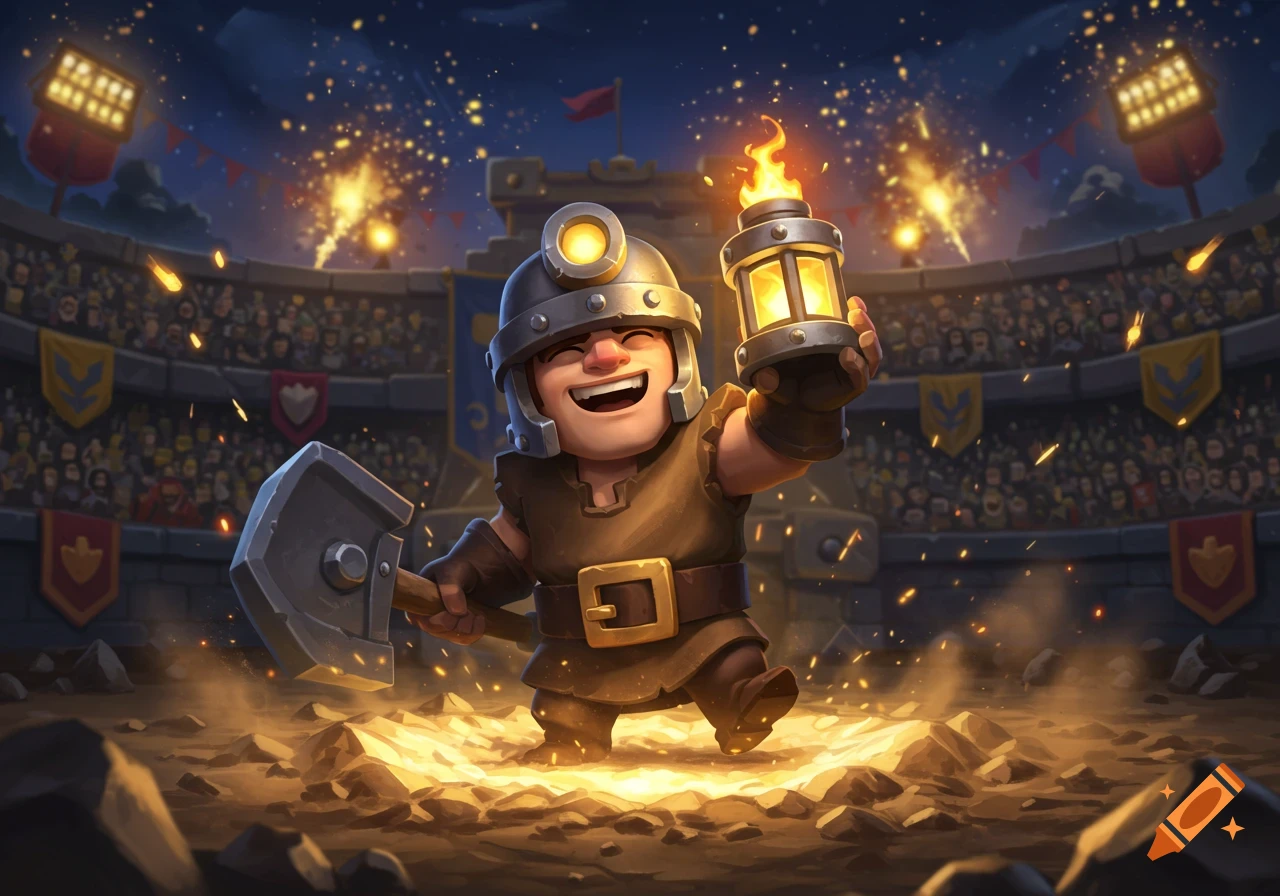 A cheerful cartoon miner character with a pickaxe and a glowing lantern stands in a stadium under a night sky with fireworks.