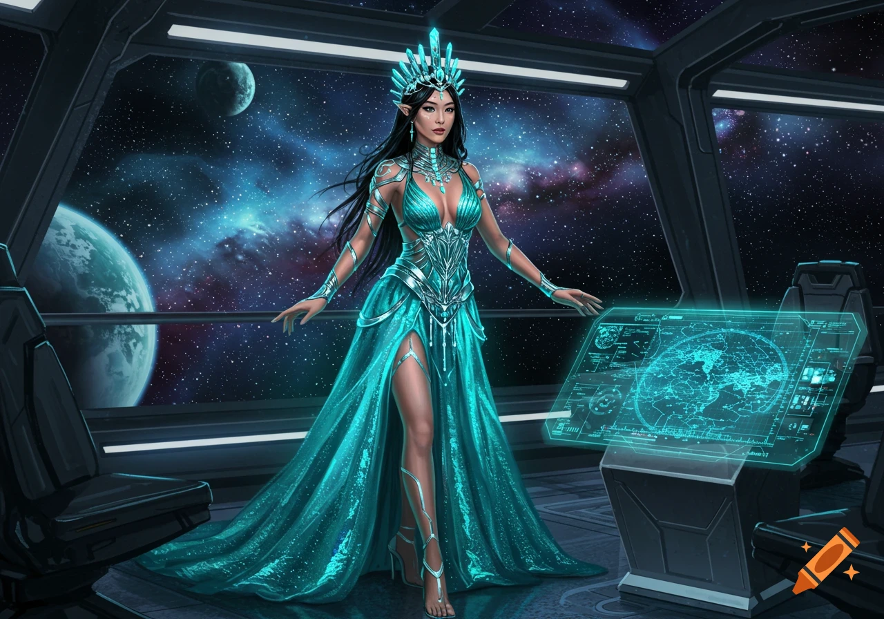 An Asian woman in a turquoise armored gown and crystal crown stands on a spaceship bridge, with planets and stars visible outside and a glowing holographic map nearby.