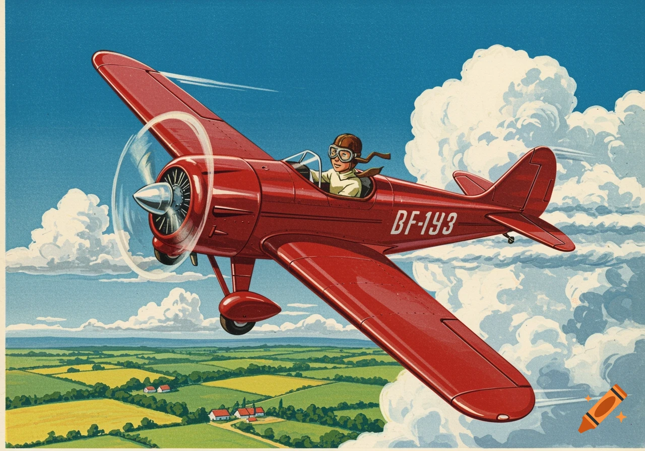 A vintage 1950s style illustration of a red single-seater propeller airplane flown by a young boy over green fields.