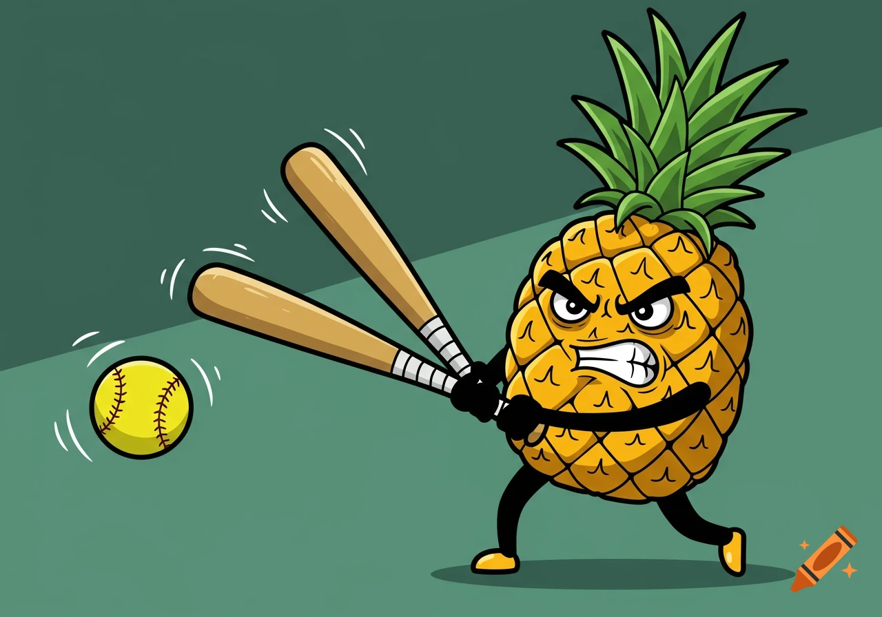 A cartoon angry pineapple with legs and arms swings two baseball bats at a yellow softball against a green background.