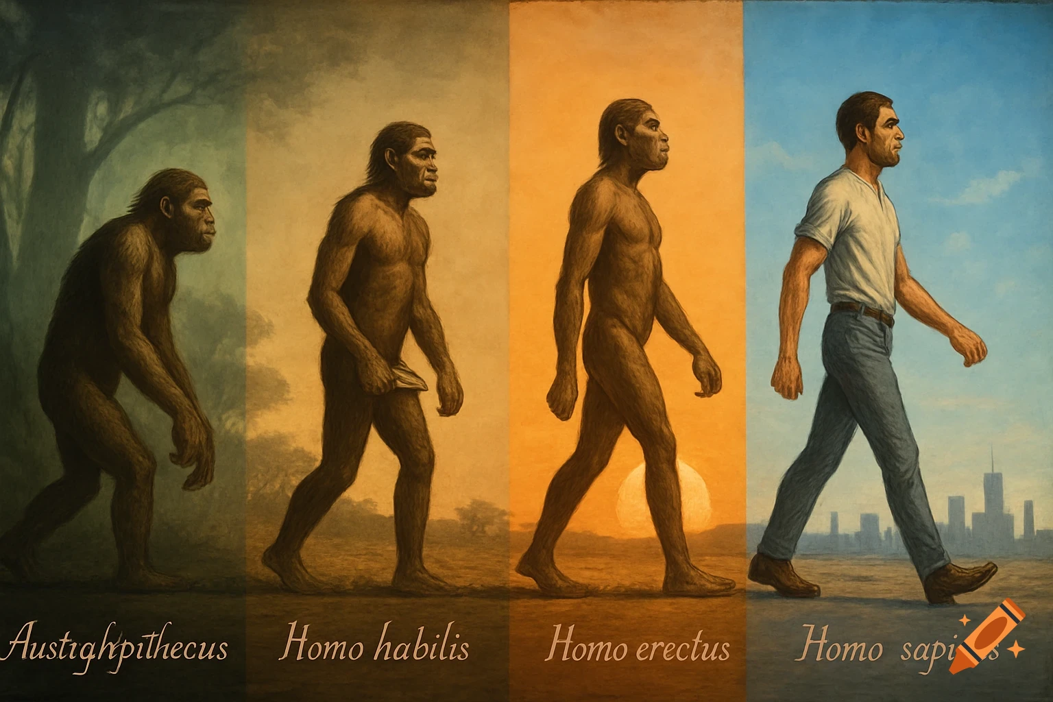 An illustrative painting showing four stages of human evolution from left to right: an ape-like Australopithecus, Homo habilis, Homo erectus, and Homo sapiens.